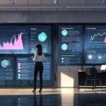 Oficina moderna con tecnología avanzada y pantallas interactivas mostrando datos empresariales