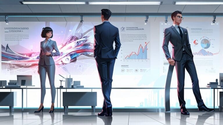 Oficina moderna con pantallas mostrando gráficos digitales futuristas