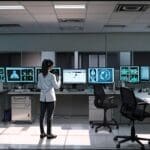 Vista moderna de una oficina tecnológica con computadoras y pantallas mostrando datos médicos en Israel