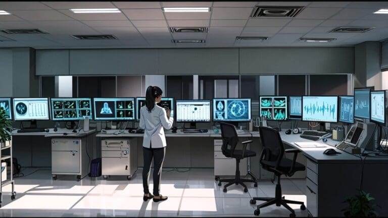 Vista moderna de una oficina tecnológica con computadoras y pantallas mostrando datos médicos en Israel