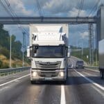 Vehículo bimodal en una carretera junto a vías férreas en un entorno industrial moderno