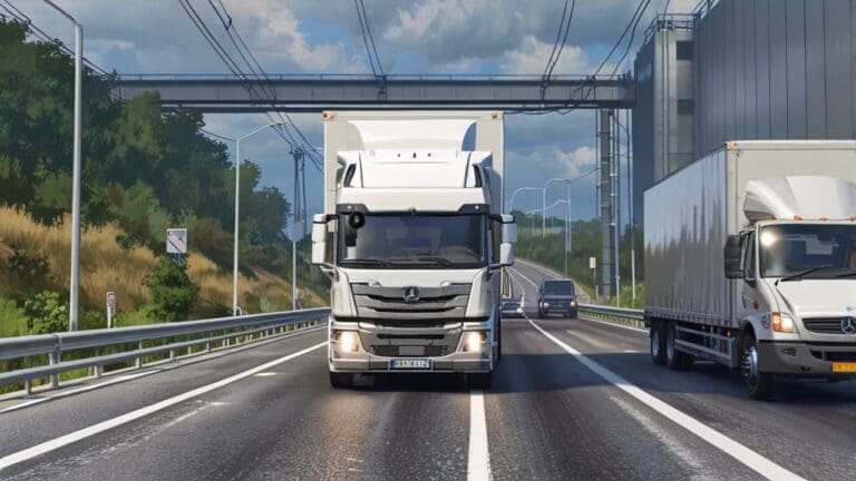 Vehículo bimodal en una carretera junto a vías férreas en un entorno industrial moderno