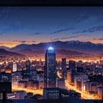 Oficina moderna con tecnología avanzada y vistas de Santiago de Chile al amanecer