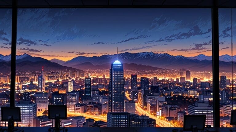 Oficina moderna con tecnología avanzada y vistas de Santiago de Chile al amanecer
