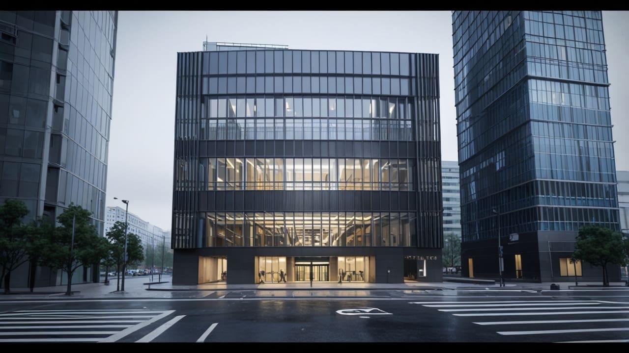 Edificio moderno y corporativo con temática tecnológica en una ciudad europea
