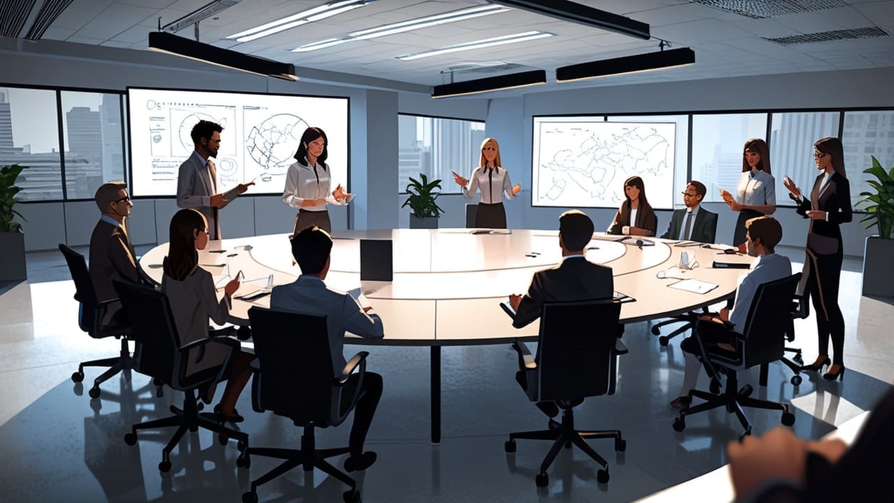 Oficina moderna con equipos tecnológicos y una junta directiva en discusión