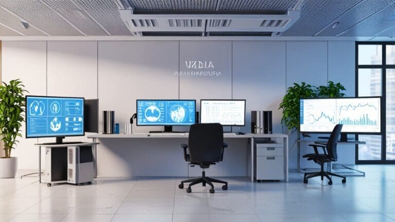 Oficina moderna con computadoras y gráficos de salud en pantalla, ambiente tecnológico y profesional.