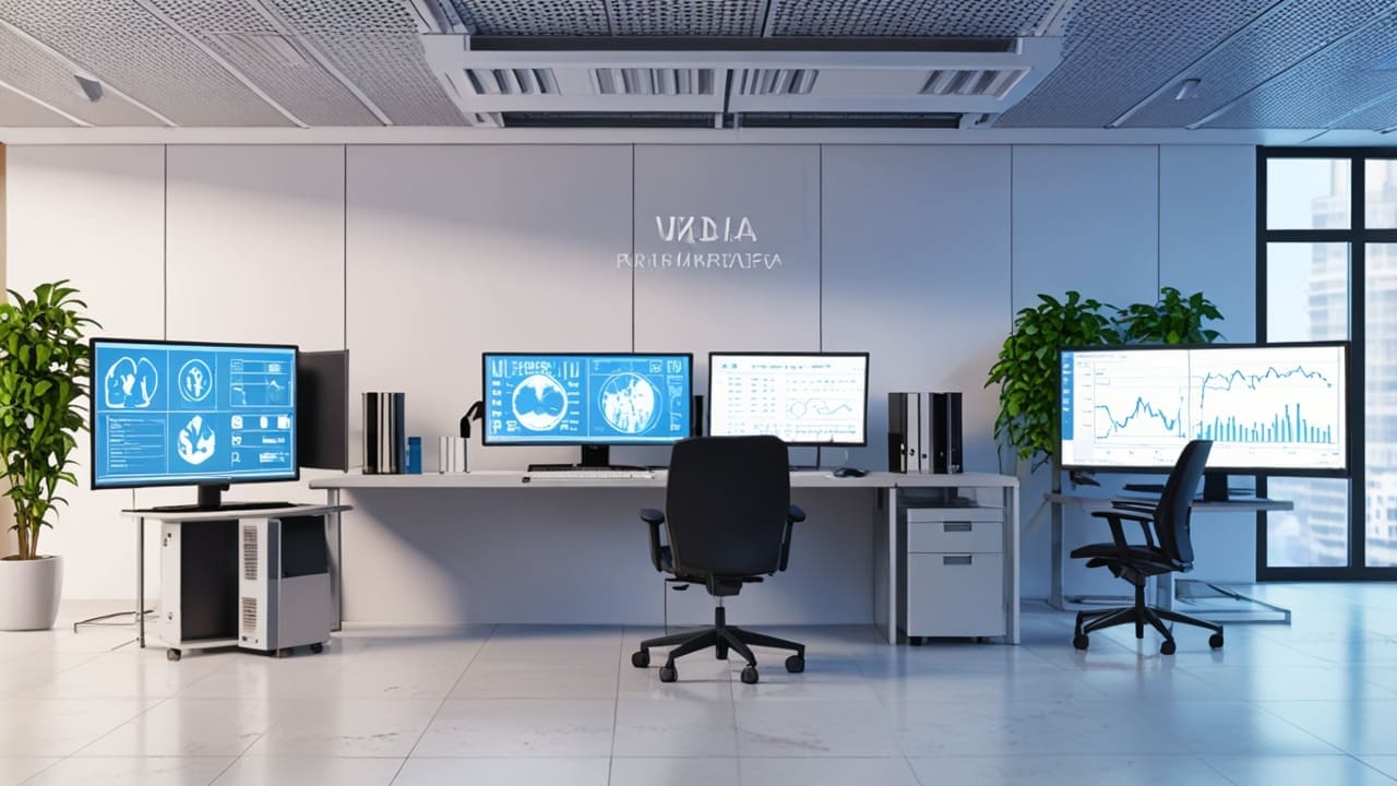 Oficina moderna con computadoras y gráficos de salud en pantalla, ambiente tecnológico y profesional.