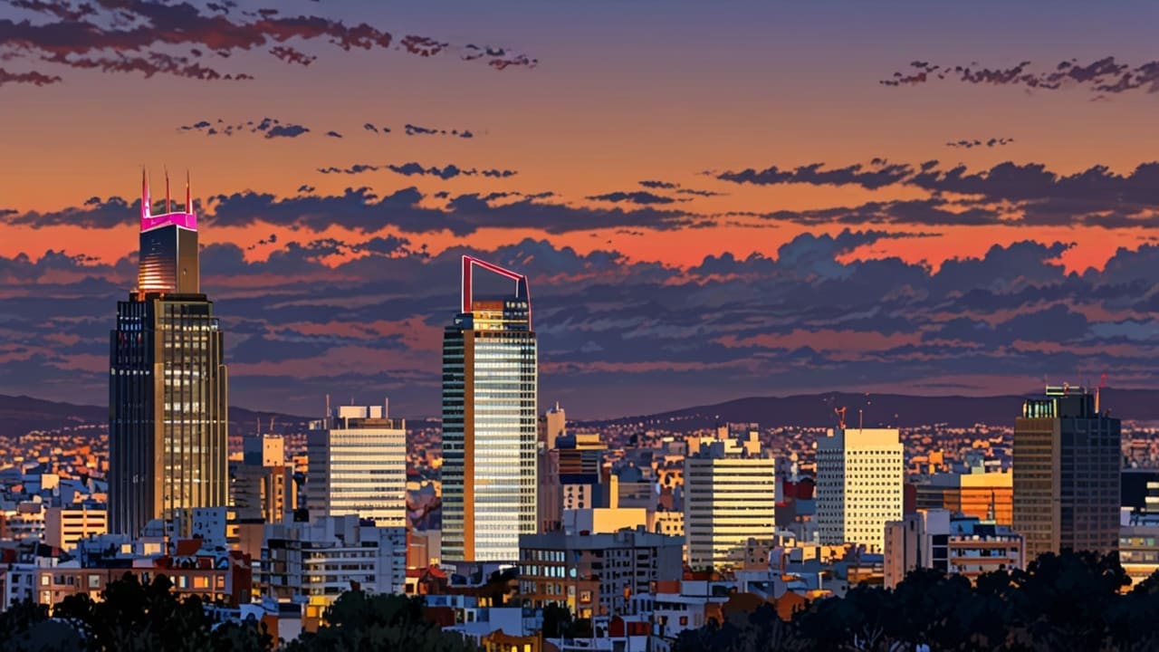 Skyline moderno de Madrid al atardecer con edificios empresariales y tecnológicos.