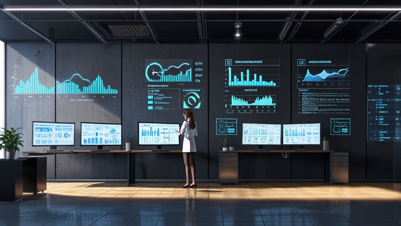 Interior de oficina moderna con pantallas mostrando gráficos de datos y tecnología avanzada