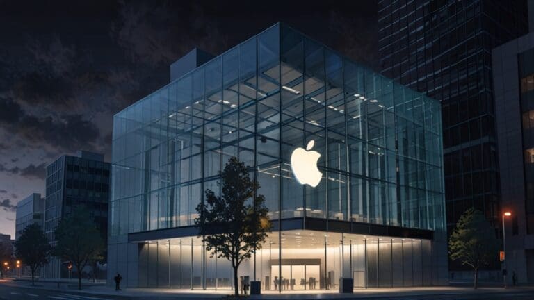 Edificio corporativo de Apple con diseño moderno y detalles tecnológicos iluminados al anochecer