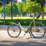 Primer plano de una silla de bicicleta moderna con un diseño innovador en un parque urbano