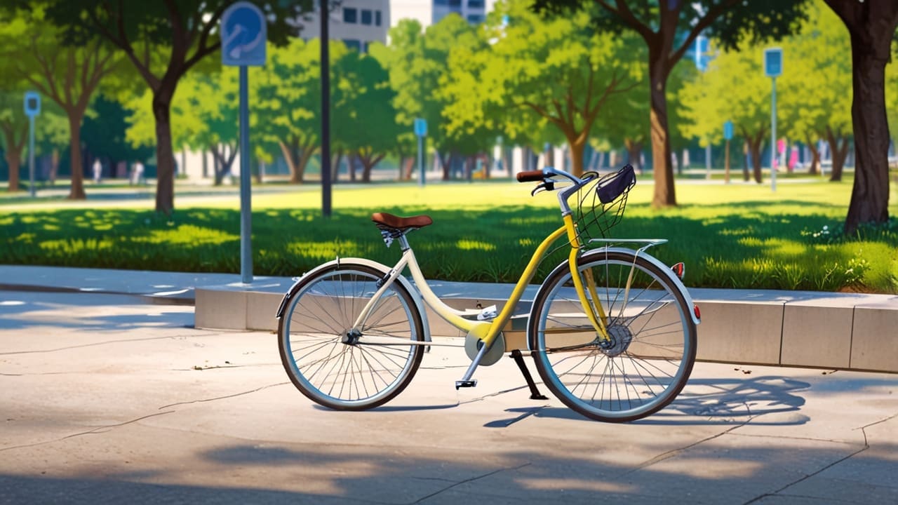 Primer plano de una silla de bicicleta moderna con un diseño innovador en un parque urbano
