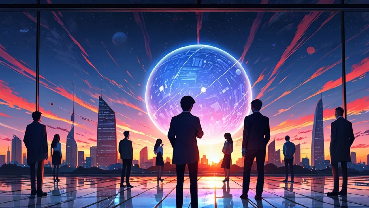 Moderno centro de investigación tecnológica con entorno futurista al atardecer