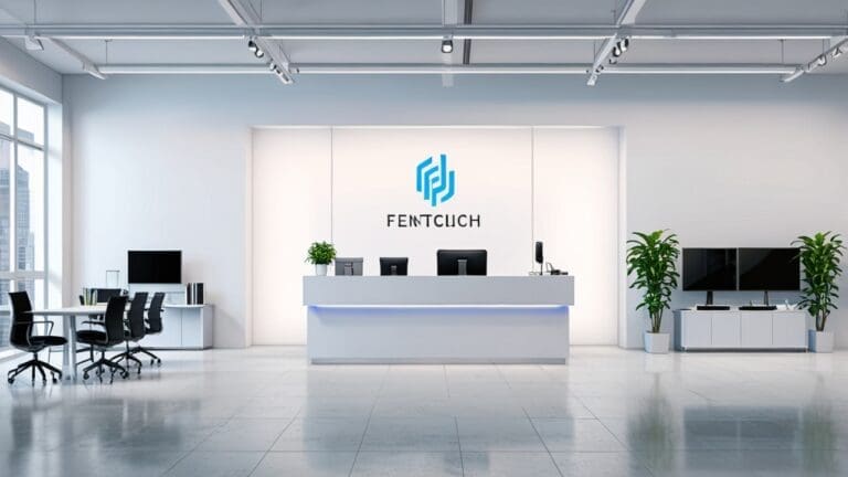 Oficina moderna de empresa fintech con decoraciones minimalistas y dispositivos tecnológicos.