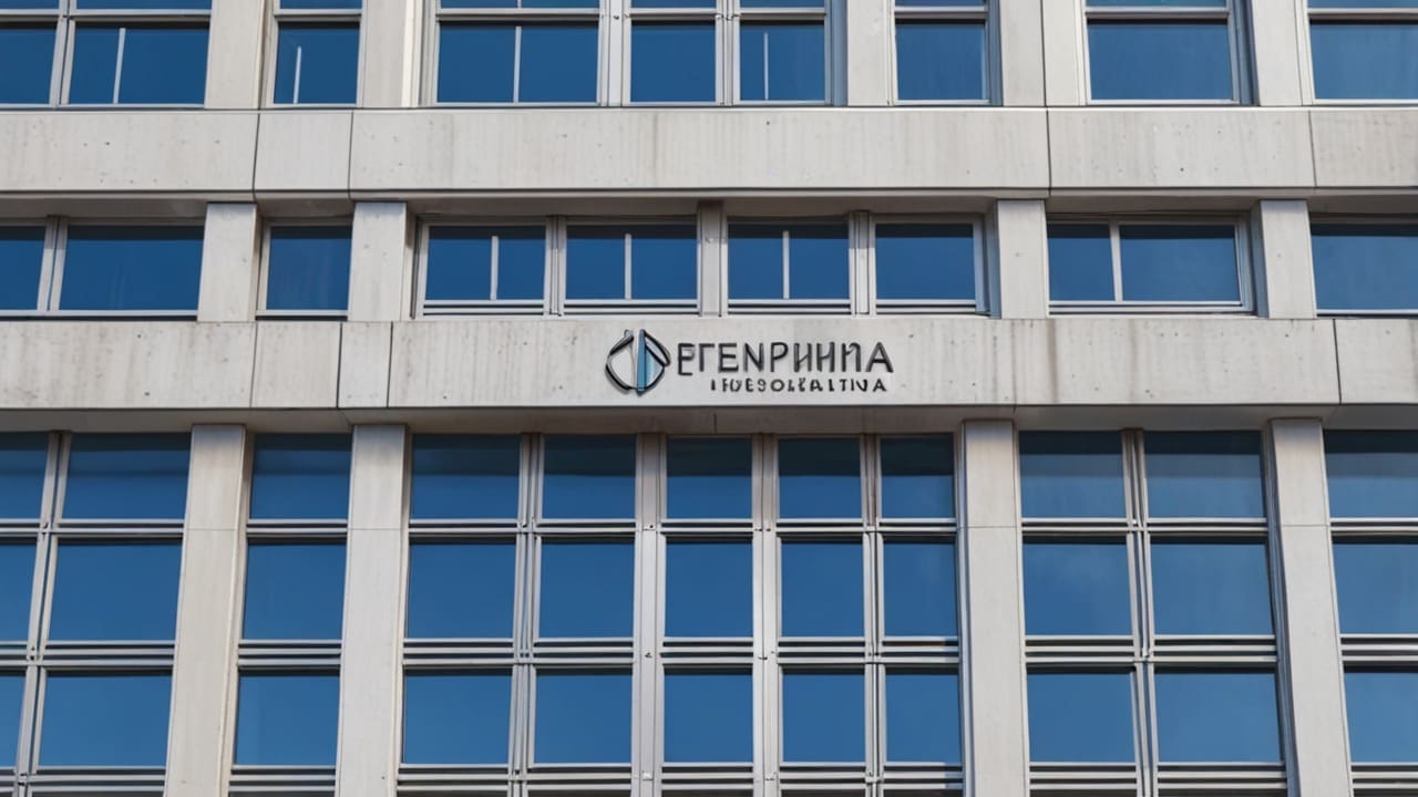 Edificio modernista de oficinas con logotipo en una ciudad tecnológica