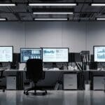 Oficina moderna con equipos tecnológicos y pantallas de datos en funcionamiento