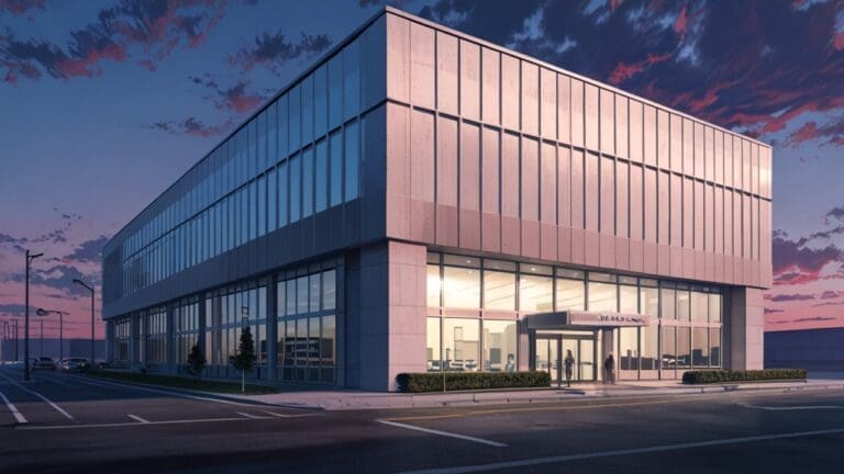 Exterior moderno de un edificio empresarial con diseño vanguardista al amanecer