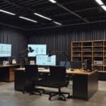 Interior de un moderno estudio de radio con equipos tecnológicos y micrófonos.