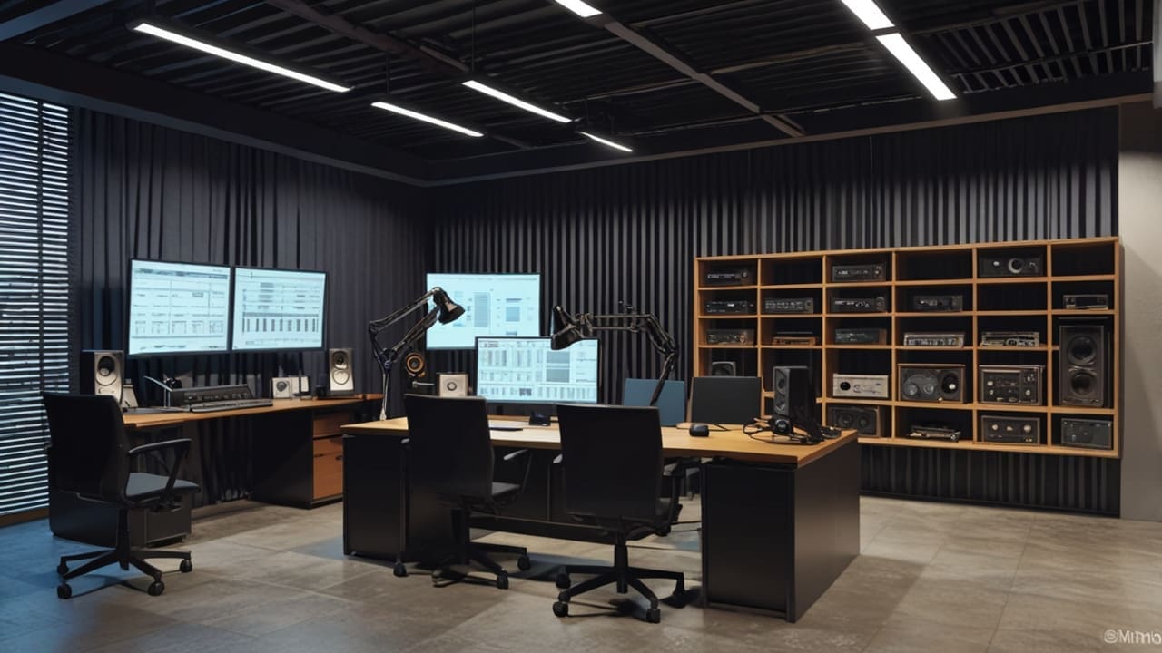 Interior de un moderno estudio de radio con equipos tecnológicos y micrófonos.
