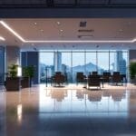 Oficinas modernas con tecnología avanzada en Santiago de Chile, ordenadores y servidores iluminados.