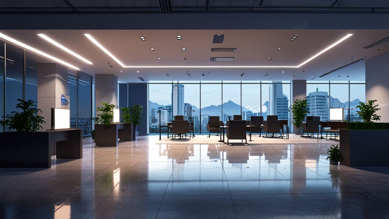 Oficinas modernas con tecnología avanzada en Santiago de Chile, ordenadores y servidores iluminados.