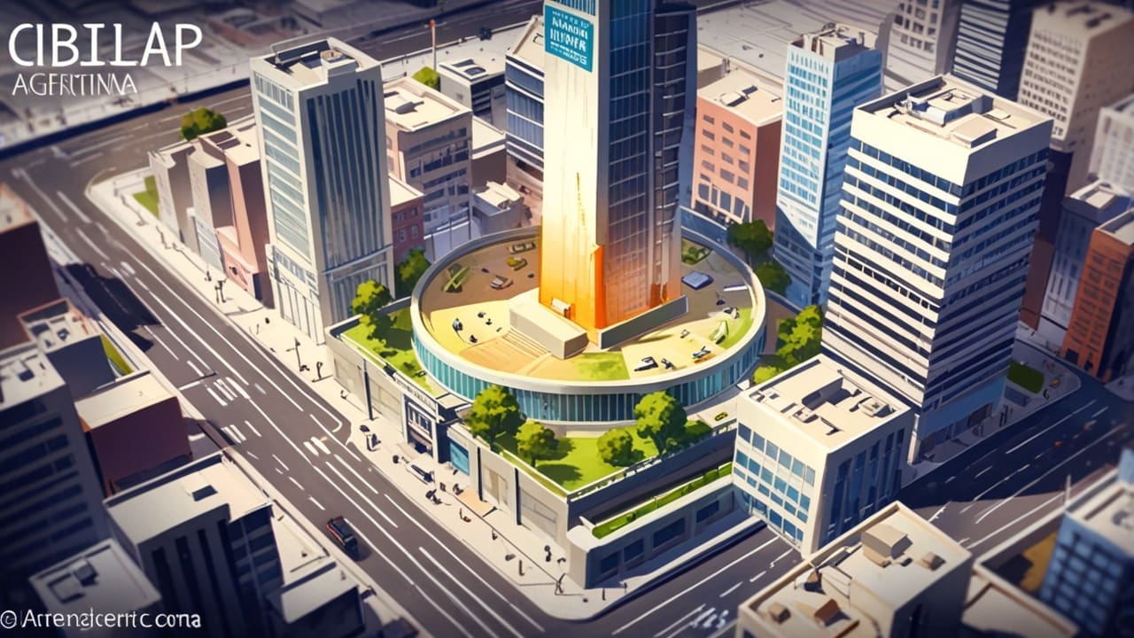 Ilustración de una moderna ciudad argentina resaltando edificios tecnológicos y startups.