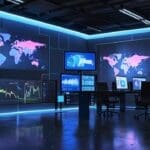 Oficinas modernas y tecnológicas con pantallas mostrando datos de fútbol y gráficos de blockchain