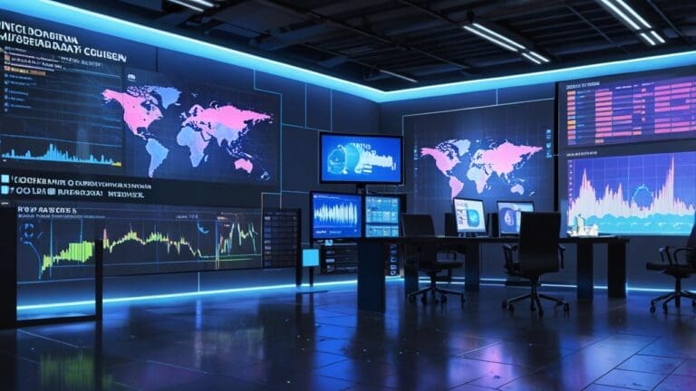 Oficinas modernas y tecnológicas con pantallas mostrando datos de fútbol y gráficos de blockchain