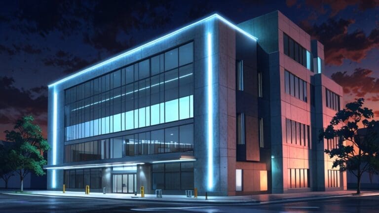 Edificio moderno con equipos de minería y fuentes de luz tecnológicas.