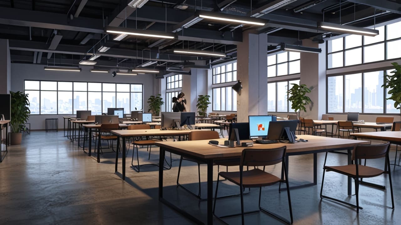 Desarrollo tecnológico en un moderno espacio de coworking con laptops abiertas sobre mesas de trabajo