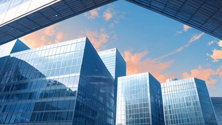 Vista aérea de un complejo moderno de oficinas tecnológicas con un cielo despejado