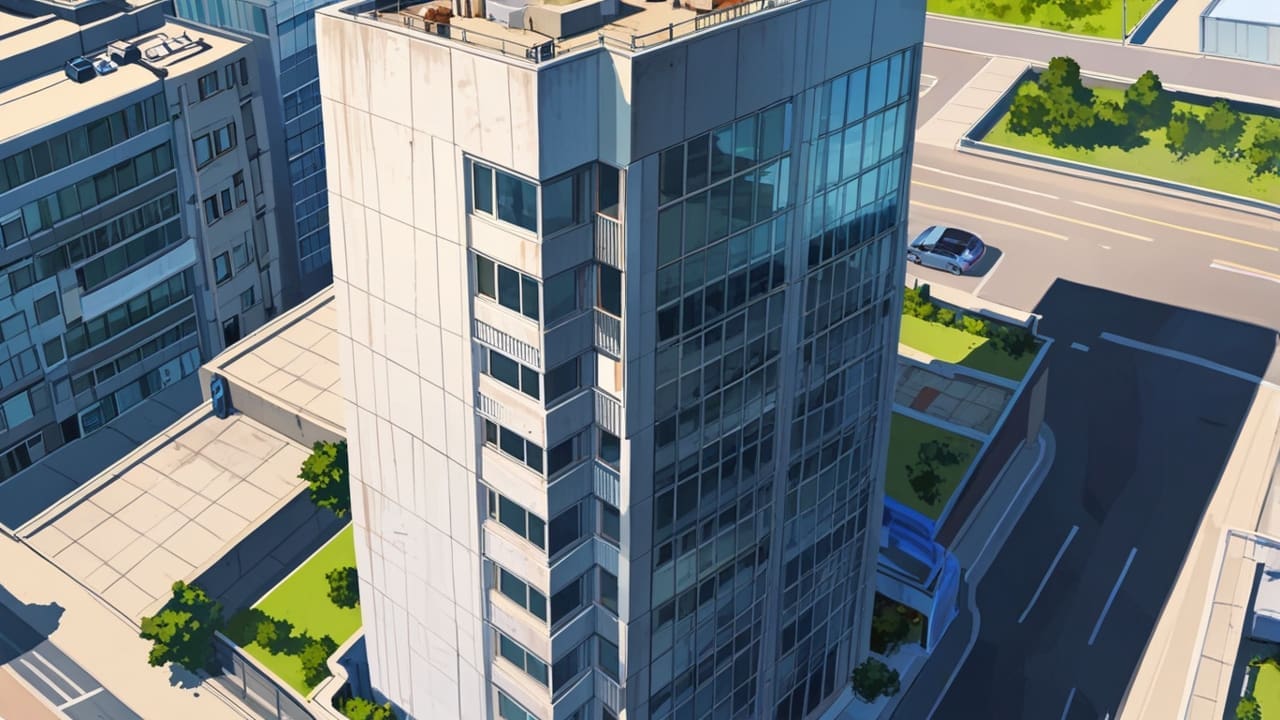 Vista aérea de un moderno edificio tecnológico en Concepción durante el día
