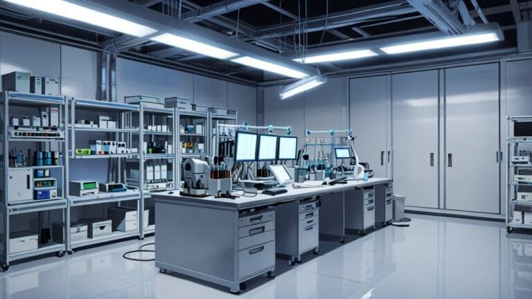 Interior de un moderno laboratorio de computación cuántica con equipos avanzados y luces azules