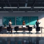 Oficinas modernas con emprendedores colaborando y tecnología presente