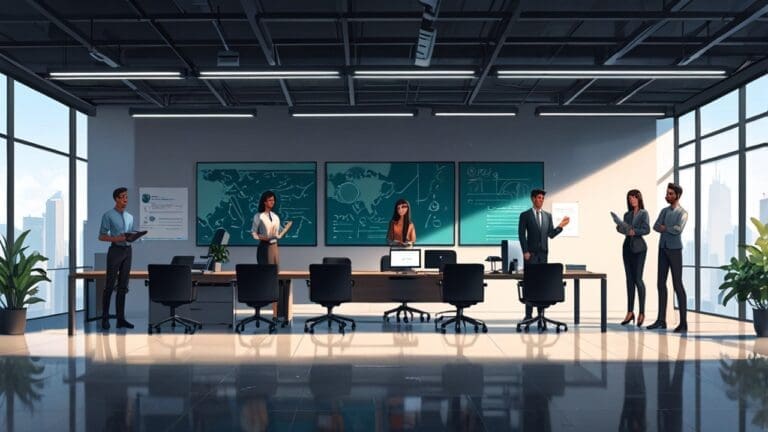 Oficinas modernas con emprendedores colaborando y tecnología presente