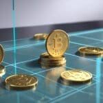 Monedas digitales doradas sobre mesa de cristal con gráficos de inversión en segundo plano