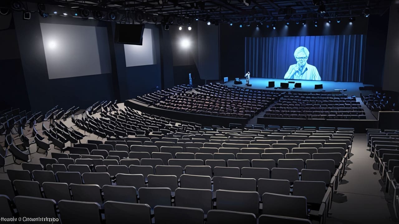 Auditorio lleno durante una conferencia en un festival, con pantallas grandes mostrando gráficos y estadísticas.