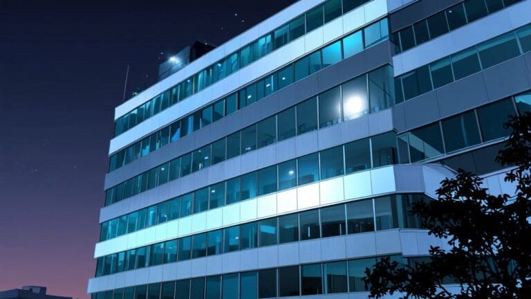 Vista de un moderno edificio corporativo tecnológico, rodeado de luces y elementos digitales