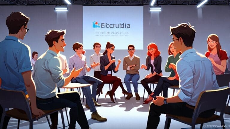 Representantes de startups tecnológicas discutiendo en una conferencia moderna en una feria de tecnología.