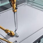 Primer plano de un implante craneal sobre una mesa de laboratorio moderno con fondo neutro.