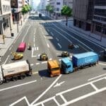 Zona urbana con camiones de carga y equipos de alta tecnología en una calle moderna