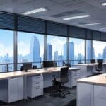 Interior moderno de oficina con tecnología de punta y ventanas panorámicas