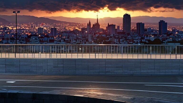 Panorámica de un moderno centro de convenciones en Barcelona iluminado por luces urbanas al anochecer