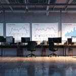 Oficinas modernas de una startup tecnológica con pantallas y gráficos financieros en las paredes.