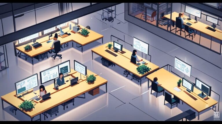 Moderno centro de innovación tecnológica con personas colaborando alrededor de mesas de trabajo