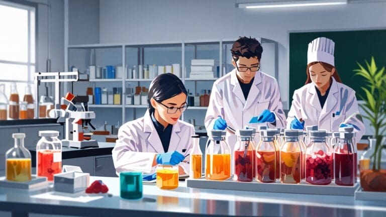 Laboratorio moderno con estudiantes trabajando en residuos de frutas para crear celulosa