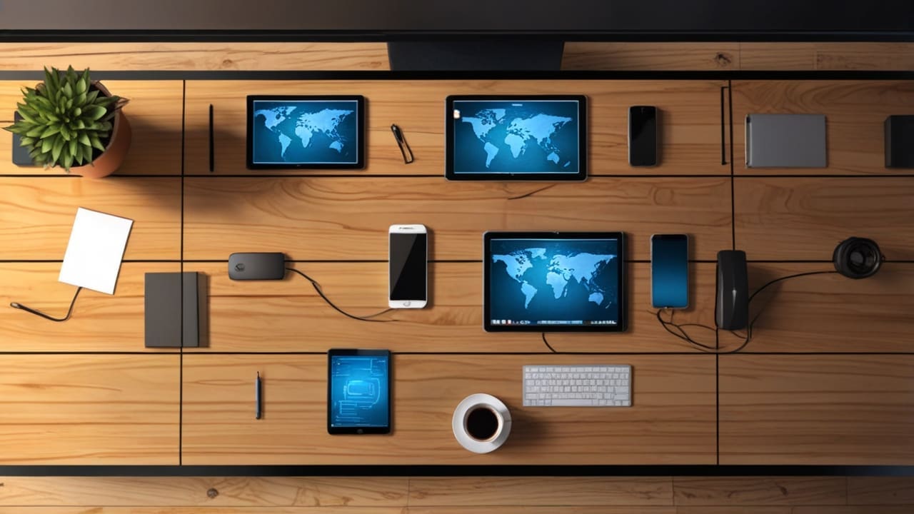 Oficina moderna con pizarras digitales y dispositivos electrónicos sobre mesas