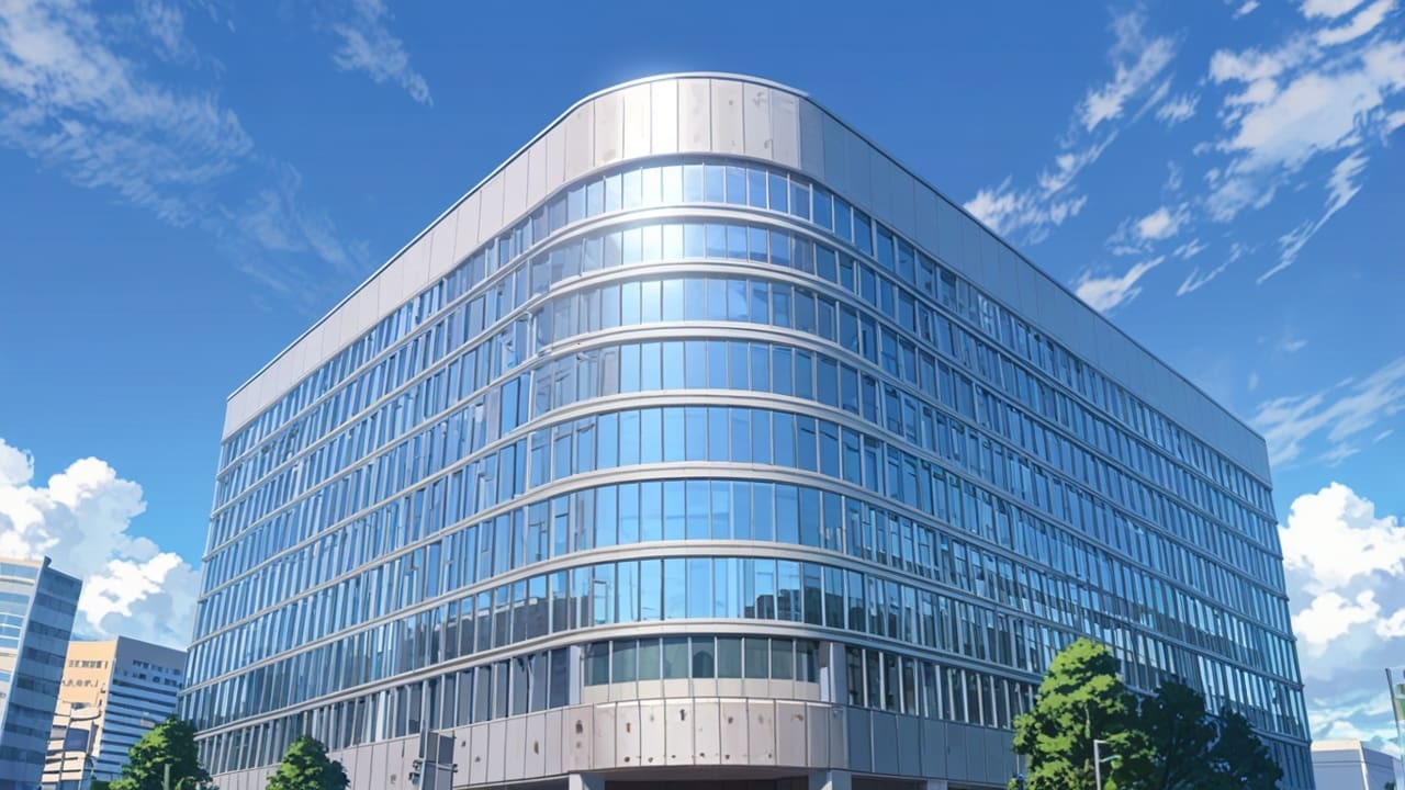 Edificio moderno de oficinas en un distrito tecnológico, con cielo despejado y luz diurna
