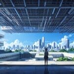 Vista panorámica de un moderno centro de innovaciones tecnológicas con cielos despejados